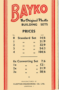 1959 Shop Display Card, with BAYKO set prices